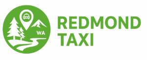 Redmond Taxi logo — green circular emblem with map pin and taxi over trees and mountain, wordmark to the right (Redmond, WA)